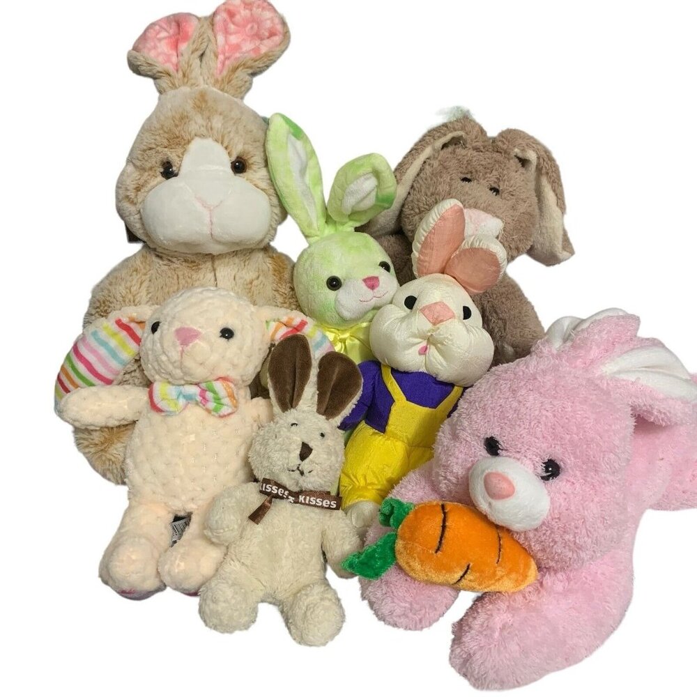 Plush Stuffed Bunny Rabbits Lot of 8 Various Sizes Colors Makers Fluffy Soft